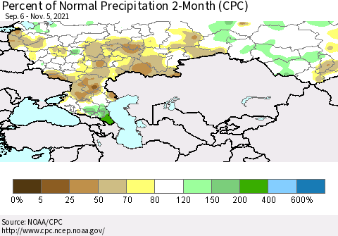Russian Federation Percent of Normal Precipitation 2-Month (CPC) Thematic Map For 9/6/2021 - 11/5/2021