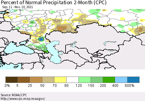 Russian Federation Percent of Normal Precipitation 2-Month (CPC) Thematic Map For 9/11/2021 - 11/10/2021