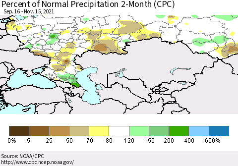Russian Federation Percent of Normal Precipitation 2-Month (CPC) Thematic Map For 9/16/2021 - 11/15/2021