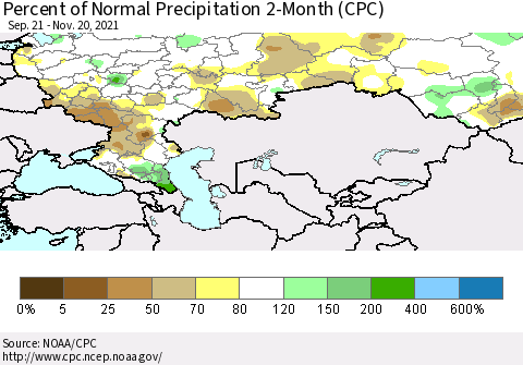 Russian Federation Percent of Normal Precipitation 2-Month (CPC) Thematic Map For 9/21/2021 - 11/20/2021
