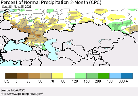 Russian Federation Percent of Normal Precipitation 2-Month (CPC) Thematic Map For 9/26/2021 - 11/25/2021