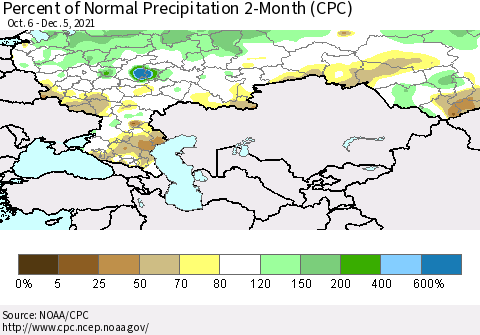 Russian Federation Percent of Normal Precipitation 2-Month (CPC) Thematic Map For 10/6/2021 - 12/5/2021