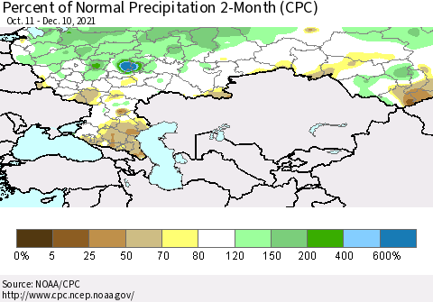 Russian Federation Percent of Normal Precipitation 2-Month (CPC) Thematic Map For 10/11/2021 - 12/10/2021