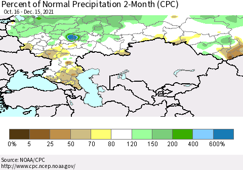 Russian Federation Percent of Normal Precipitation 2-Month (CPC) Thematic Map For 10/16/2021 - 12/15/2021
