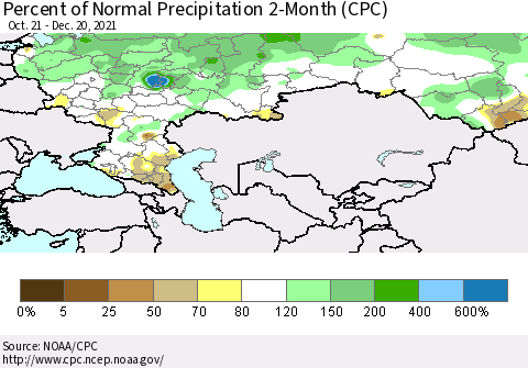 Russian Federation Percent of Normal Precipitation 2-Month (CPC) Thematic Map For 10/21/2021 - 12/20/2021