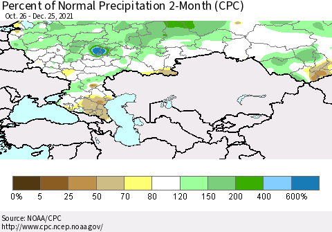 Russian Federation Percent of Normal Precipitation 2-Month (CPC) Thematic Map For 10/26/2021 - 12/25/2021