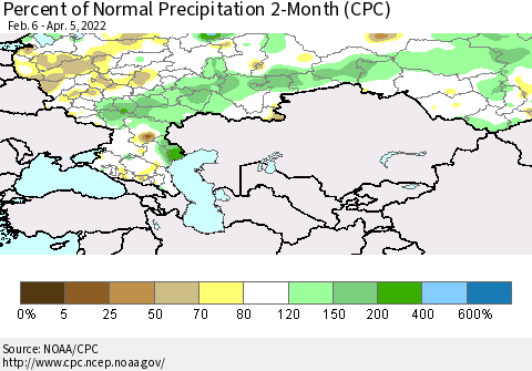 Russian Federation Percent of Normal Precipitation 2-Month (CPC) Thematic Map For 2/6/2022 - 4/5/2022