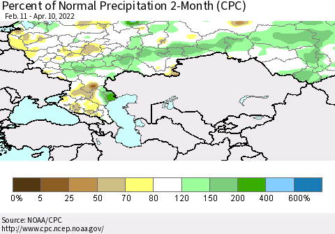 Russian Federation Percent of Normal Precipitation 2-Month (CPC) Thematic Map For 2/11/2022 - 4/10/2022