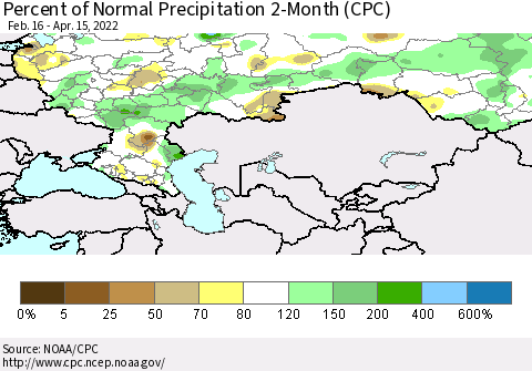 Russian Federation Percent of Normal Precipitation 2-Month (CPC) Thematic Map For 2/16/2022 - 4/15/2022