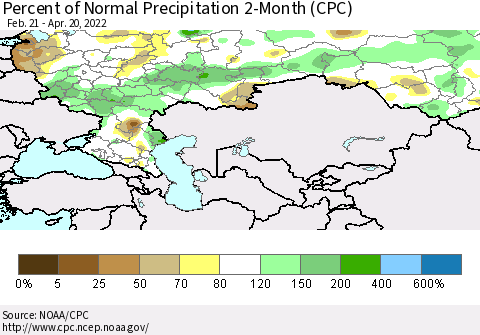 Russian Federation Percent of Normal Precipitation 2-Month (CPC) Thematic Map For 2/21/2022 - 4/20/2022
