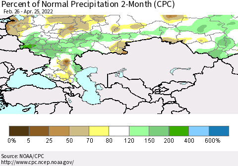 Russian Federation Percent of Normal Precipitation 2-Month (CPC) Thematic Map For 2/26/2022 - 4/25/2022