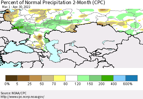 Russian Federation Percent of Normal Precipitation 2-Month (CPC) Thematic Map For 3/1/2022 - 4/30/2022