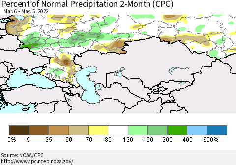 Russian Federation Percent of Normal Precipitation 2-Month (CPC) Thematic Map For 3/6/2022 - 5/5/2022