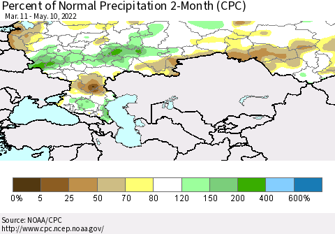 Russian Federation Percent of Normal Precipitation 2-Month (CPC) Thematic Map For 3/11/2022 - 5/10/2022