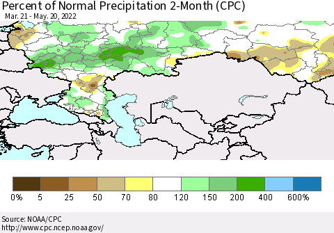 Russian Federation Percent of Normal Precipitation 2-Month (CPC) Thematic Map For 3/21/2022 - 5/20/2022