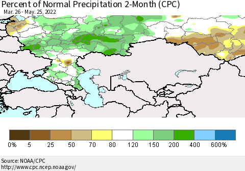 Russian Federation Percent of Normal Precipitation 2-Month (CPC) Thematic Map For 3/26/2022 - 5/25/2022