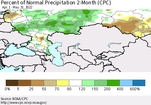 Russian Federation Percent of Normal Precipitation 2-Month (CPC) Thematic Map For 4/1/2022 - 5/31/2022