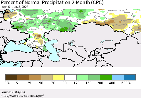 Russian Federation Percent of Normal Precipitation 2-Month (CPC) Thematic Map For 4/6/2022 - 6/5/2022