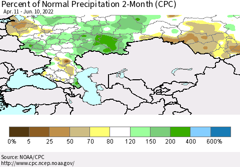 Russian Federation Percent of Normal Precipitation 2-Month (CPC) Thematic Map For 4/11/2022 - 6/10/2022