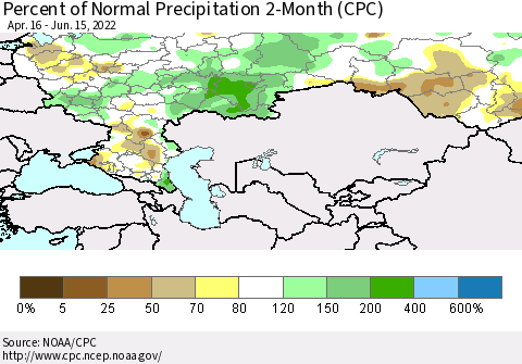 Russian Federation Percent of Normal Precipitation 2-Month (CPC) Thematic Map For 4/16/2022 - 6/15/2022