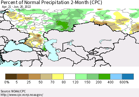 Russian Federation Percent of Normal Precipitation 2-Month (CPC) Thematic Map For 4/21/2022 - 6/20/2022