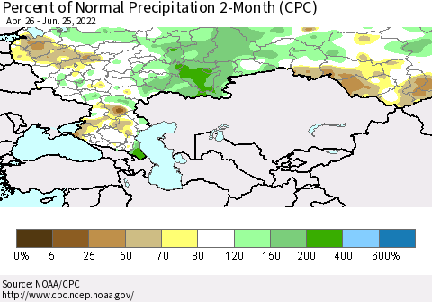 Russian Federation Percent of Normal Precipitation 2-Month (CPC) Thematic Map For 4/26/2022 - 6/25/2022