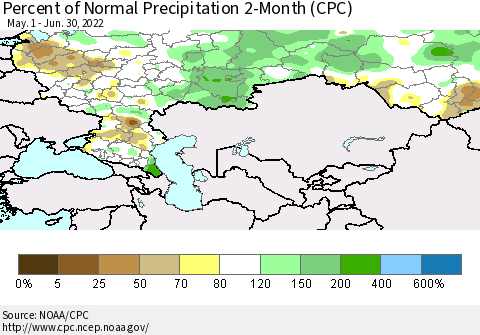 Russian Federation Percent of Normal Precipitation 2-Month (CPC) Thematic Map For 5/1/2022 - 6/30/2022