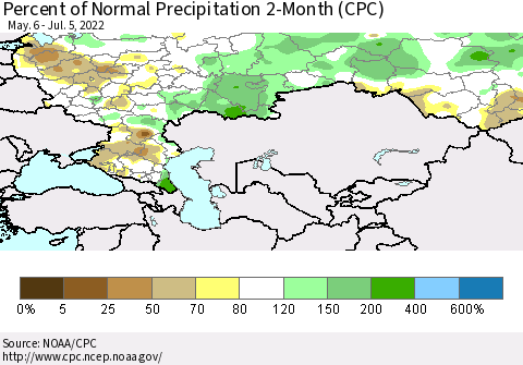 Russian Federation Percent of Normal Precipitation 2-Month (CPC) Thematic Map For 5/6/2022 - 7/5/2022