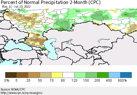 Russian Federation Percent of Normal Precipitation 2-Month (CPC) Thematic Map For 5/11/2022 - 7/10/2022