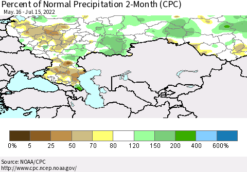 Russian Federation Percent of Normal Precipitation 2-Month (CPC) Thematic Map For 5/16/2022 - 7/15/2022
