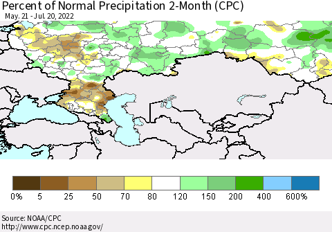 Russian Federation Percent of Normal Precipitation 2-Month (CPC) Thematic Map For 5/21/2022 - 7/20/2022