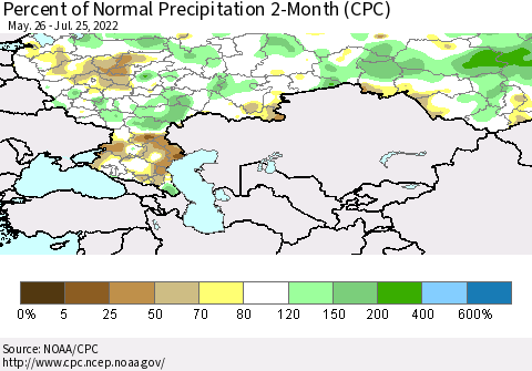 Russian Federation Percent of Normal Precipitation 2-Month (CPC) Thematic Map For 5/26/2022 - 7/25/2022