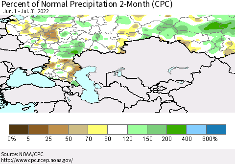 Russian Federation Percent of Normal Precipitation 2-Month (CPC) Thematic Map For 6/1/2022 - 7/31/2022