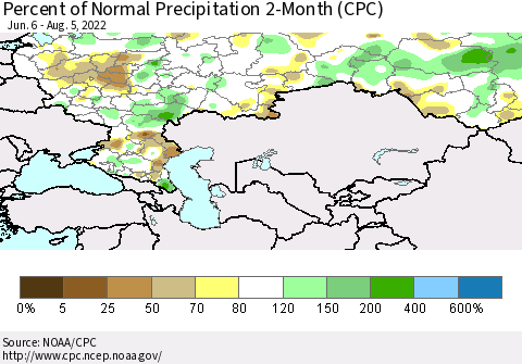 Russian Federation Percent of Normal Precipitation 2-Month (CPC) Thematic Map For 6/6/2022 - 8/5/2022