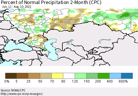 Russian Federation Percent of Normal Precipitation 2-Month (CPC) Thematic Map For 6/11/2022 - 8/10/2022