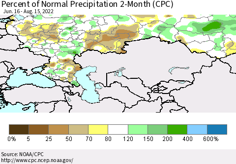 Russian Federation Percent of Normal Precipitation 2-Month (CPC) Thematic Map For 6/16/2022 - 8/15/2022