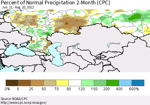 Russian Federation Percent of Normal Precipitation 2-Month (CPC) Thematic Map For 6/21/2022 - 8/20/2022