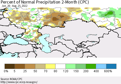 Russian Federation Percent of Normal Precipitation 2-Month (CPC) Thematic Map For 6/26/2022 - 8/25/2022