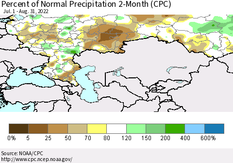 Russian Federation Percent of Normal Precipitation 2-Month (CPC) Thematic Map For 7/1/2022 - 8/31/2022