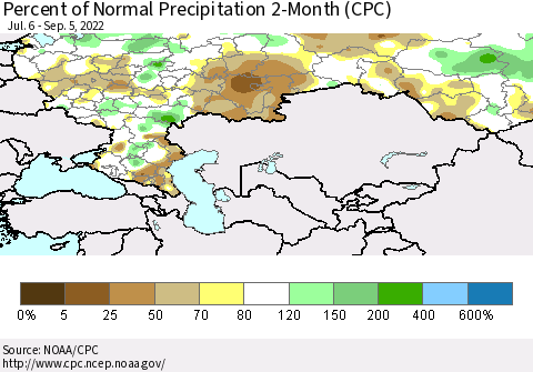 Russian Federation Percent of Normal Precipitation 2-Month (CPC) Thematic Map For 7/6/2022 - 9/5/2022