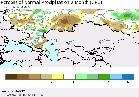 Russian Federation Percent of Normal Precipitation 2-Month (CPC) Thematic Map For 7/11/2022 - 9/10/2022