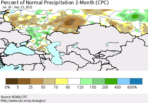 Russian Federation Percent of Normal Precipitation 2-Month (CPC) Thematic Map For 7/16/2022 - 9/15/2022