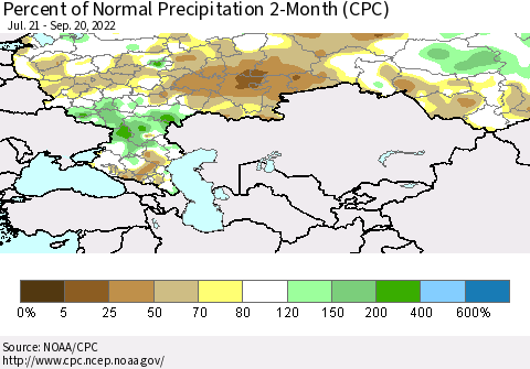 Russian Federation Percent of Normal Precipitation 2-Month (CPC) Thematic Map For 7/21/2022 - 9/20/2022
