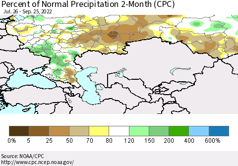 Russian Federation Percent of Normal Precipitation 2-Month (CPC) Thematic Map For 7/26/2022 - 9/25/2022