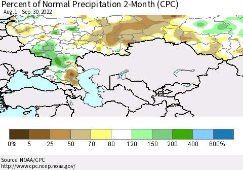 Russian Federation Percent of Normal Precipitation 2-Month (CPC) Thematic Map For 8/1/2022 - 9/30/2022