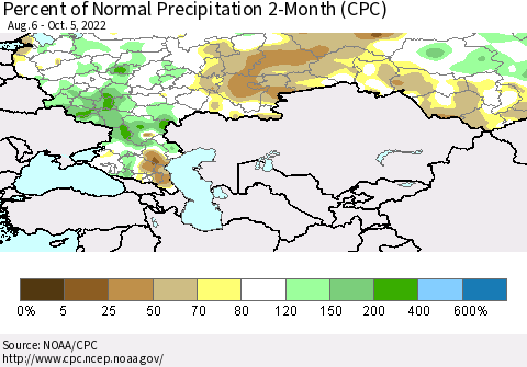 Russian Federation Percent of Normal Precipitation 2-Month (CPC) Thematic Map For 8/6/2022 - 10/5/2022