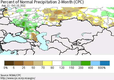 Russian Federation Percent of Normal Precipitation 2-Month (CPC) Thematic Map For 8/11/2022 - 10/10/2022