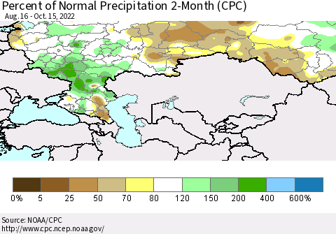 Russian Federation Percent of Normal Precipitation 2-Month (CPC) Thematic Map For 8/16/2022 - 10/15/2022