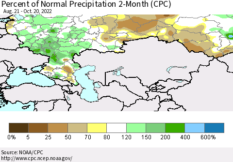 Russian Federation Percent of Normal Precipitation 2-Month (CPC) Thematic Map For 8/21/2022 - 10/20/2022