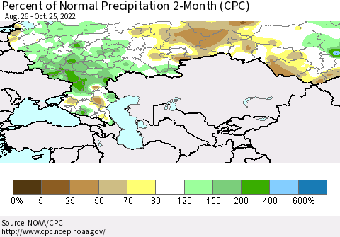 Russian Federation Percent of Normal Precipitation 2-Month (CPC) Thematic Map For 8/26/2022 - 10/25/2022